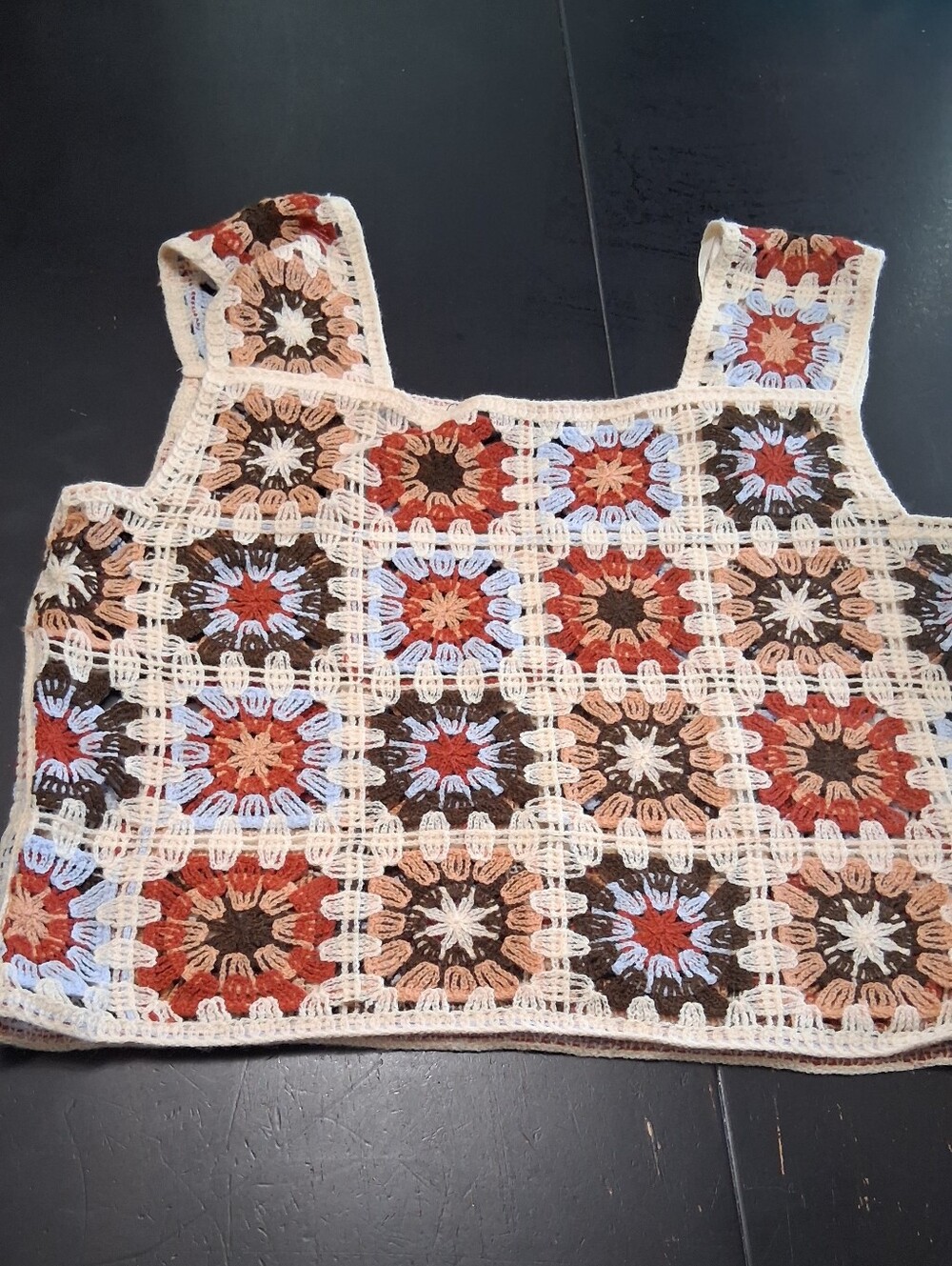 BCX Crochet Patchwork Crop Top in Rust, Cream, Blue, Black. Size M